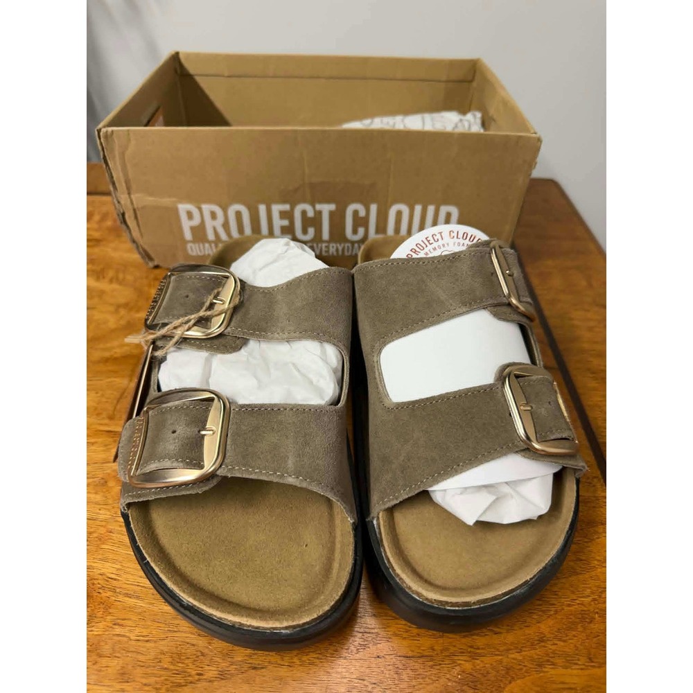 Project Cloud Greece Womens 10 Chunky Fossil Suede Double Strap Platform Sandals